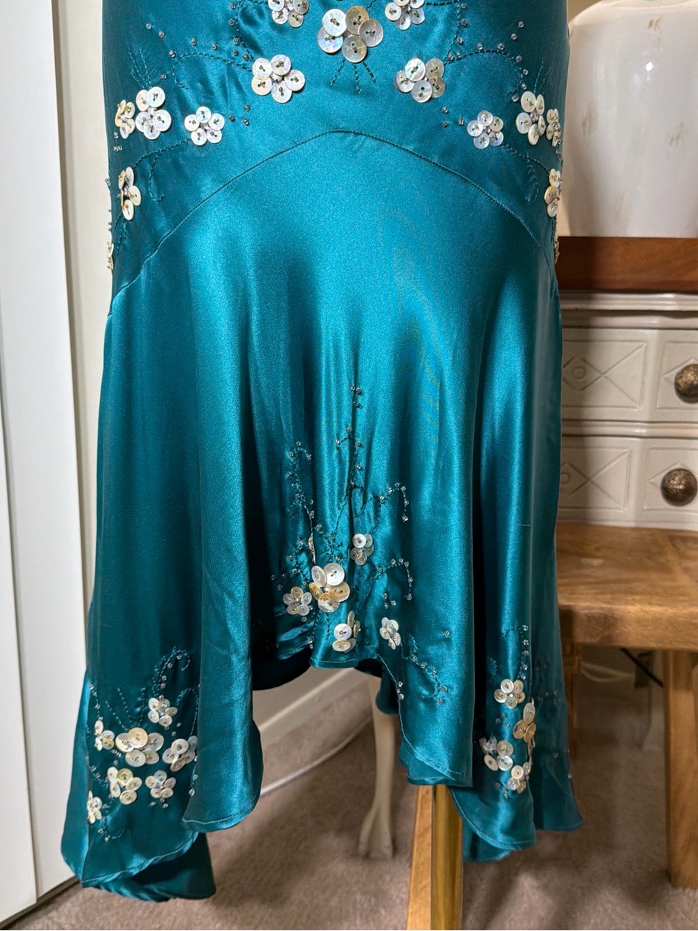 Sue Wong Teal Silk Beaded Button Floral Midi Dress - Picture 3 of 6